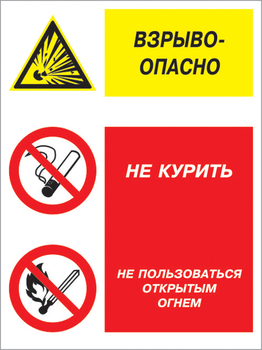 Кз 11 взрывоопасно - не курить и не пользоваться открытым огнем. (пластик, 400х600 мм) - Знаки безопасности - Комбинированные знаки безопасности - Магазин охраны труда ИЗО Стиль